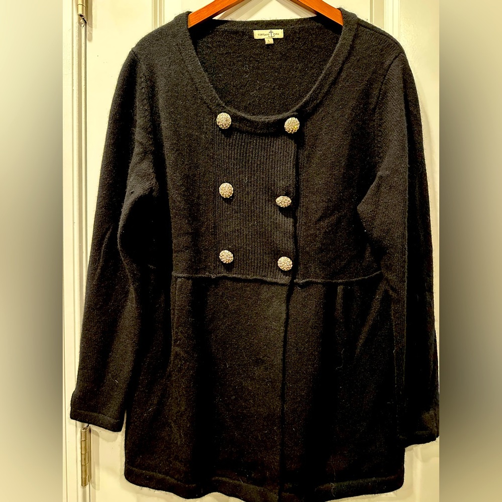 Cortland Park Black 100% Cashmere Sweater with Sequin Buttons, Size L
